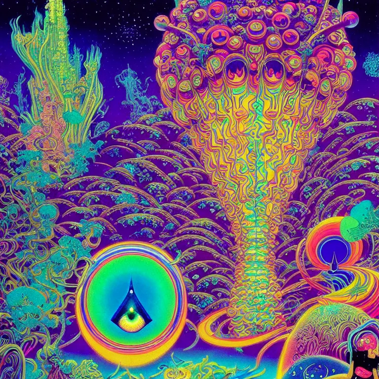 Image similar to cosmic third eye, magical crystal temple, psychedelic waves radiating, infinity, bright neon colors, highly detailed, cinematic, hiroo isono, eyvind earle, philippe druillet, roger dean, lisa frank, aubrey beardsley, ernst haeckel