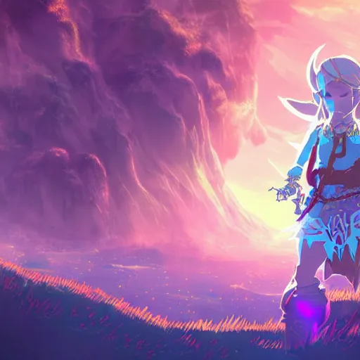 Prompt: kerli koiv in the art style of zelda breath of the wild, dramatic lighting, digital art, intricate, highly detailed, matte painting, fine art