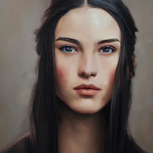 Image similar to An oil painting of a girl dressed in priest robes, 23 years old, (chad jaw line), long black hair, sharp facial features, beautiful, highly detailed, by Cédric Peyravernay, trending on artstation