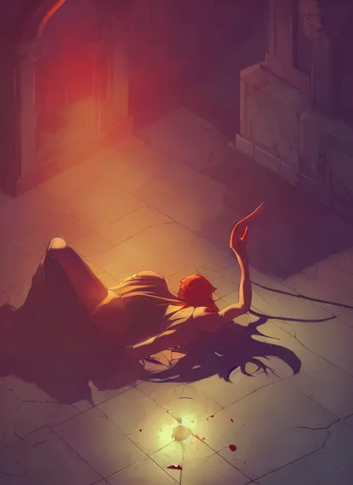 Prompt: throneroom with a single man laying on the ground, blood on the floor, in the style of artgerm, charlie bowater, sam guay, atey ghailan and mike mignola, no people, vibrant colors and hard shadows and strong rim light, plain background, comic cover art, trending on artstation