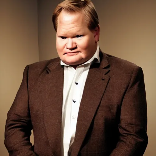 Image similar to Andy Richter wearing a brown suit and necktie on his knees with a pleading look on his face.