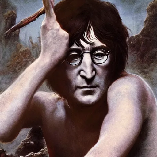 Image similar to john lennon as ritualistic cannibal, ultra realistic, concept art, intricate details, highly detailed, photorealistic, octane render, 8 k, unreal engine, art by frank frazetta, simon bisley, brom