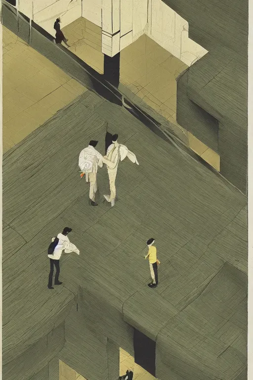 Prompt: tatsuki fujimoto illustration, two men standing at the edge of reality, dynamic perspective, intricate scenery, y 2 k, unknown