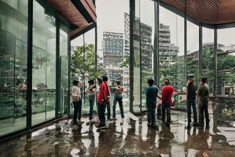 Image similar to outdoorsy guys club likes to look at the exteriors of urban architecture onion column shot by christopher doyle wong kar-wai film texture reflection through lit windows with slight drizzle trickling from them