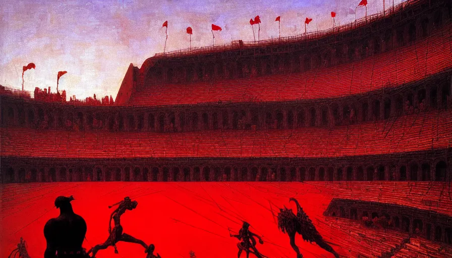 Image similar to only with red, a lightly armored gladiator in a crowded roman amphitheatre, crowd cheering, in the style of beksinski and edward hopper and rodcenko and yue minjun and cory loftis, intricate and epic composition, red by caravaggio, highly detailed, masterpiece, red light, artstation, art nouveau