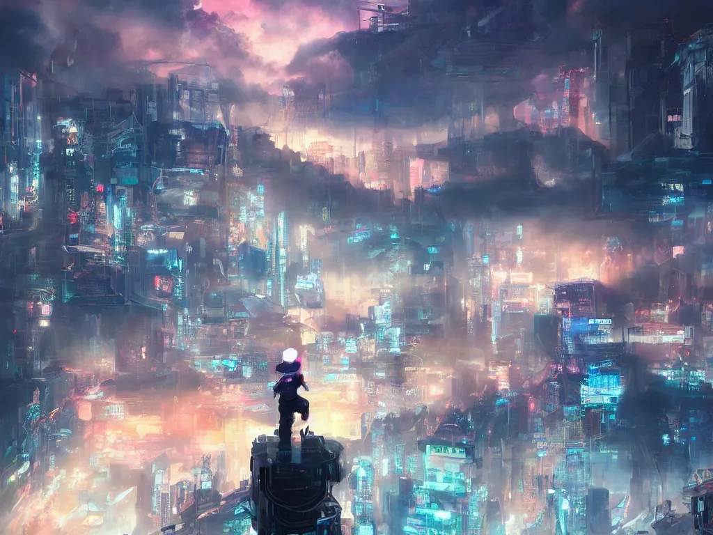 Prompt: a painting of a boy on top of a building watching a colorful sunrise futuristic city surrounded by clouds, cyberpunk art by yoshitaka amano and alena benami, cg society contest winner, retrofuturism, matte painting, cyber landscape, cityscape