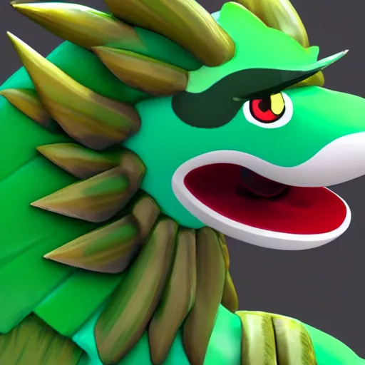 Prompt: a 3 d render of a green, feathery, male, anthropamphic dragon a spike at the tip of his tail, in the style of animal crossing