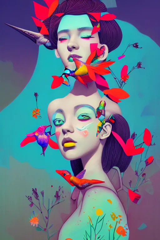Prompt: mixed media, a brutalist designed, vivid colours, cryptic, plant, lovely girl, hummingbird, mystical, pop surrealism by james jean, roby dwi antono, ross tran, steven kenny, paul neberra, ashley wood, atmospheric, trending on artstation. unreal engine, 8 k masterpiece