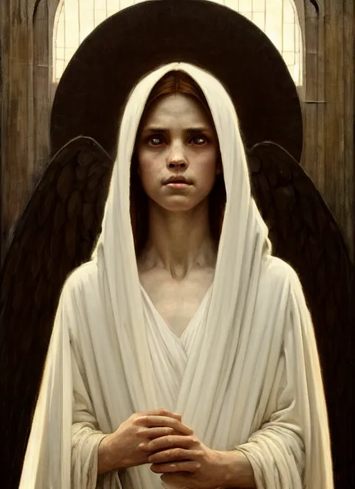 Prompt: portrait of angel in white robes. realistic shaded lighting poster by greg rutkowski, john william waterhouse, trending on art statio. highly detailed, symmetrical face.