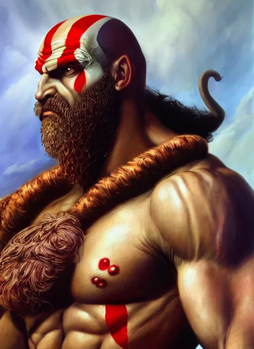 Image similar to a epic portrait of the god of war, art by boris vallejo and greg danton and denys tsiperko, detailed, hyperrealism, artstation