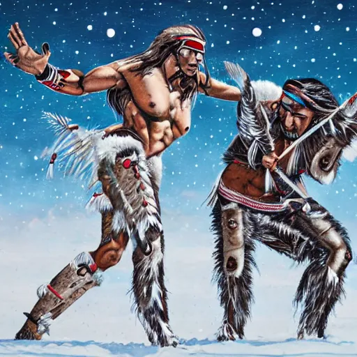 Image similar to majestic native americans fighting cyborg white men in a snowy field, art by neave bozorgi, styled like neave bozorgi, hyper realistic,