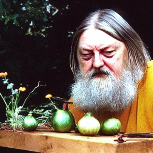 Prompt: robert wyatt sniffing an onion