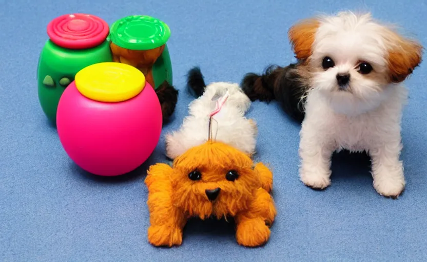 Prompt: ''A shitzu dog as a kids toy, small, toy, colorful, play''