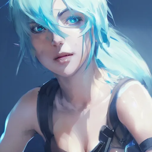 Image similar to realistic portrait of Sinon from sword art online, short blue hair, dramatic lighting, illustration by Greg rutkowski, yoji shinkawa, 4k, digital art, concept art, trending on artstation