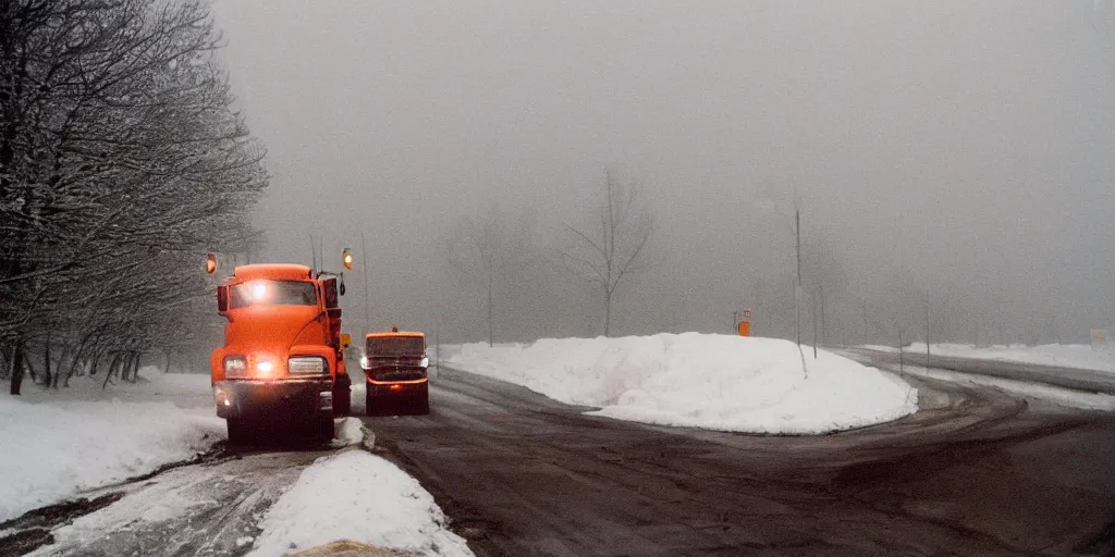 Image similar to photo, big snow plow truck is in the distance with a bright headlighta. cold color temperature, snow storm. hazy atmosphere. humidity haze. kodak ektachrome, greenish expired film, award winning, low contrast,