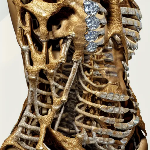 Image similar to female torso with bones made of diamonds with lightning inlaid her skin, anatomic description, gems, gold, 8k, details, studio lighting, realism, complex lights