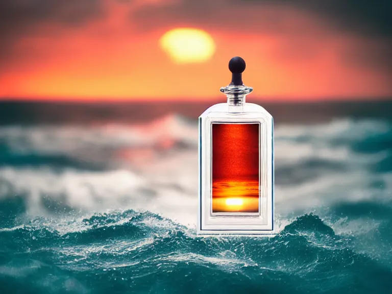 Image similar to cinestill 5 0 d surreal photography of perfume bottle emerging from swirling ocean waves and marmelade sunset sky / 4 style of nicholas fols, 2 0 0 mm, mute dramatic colours, soft blur outdoor stormy sea background, volumetric lighting, hyperdetailed, hyperrealistic