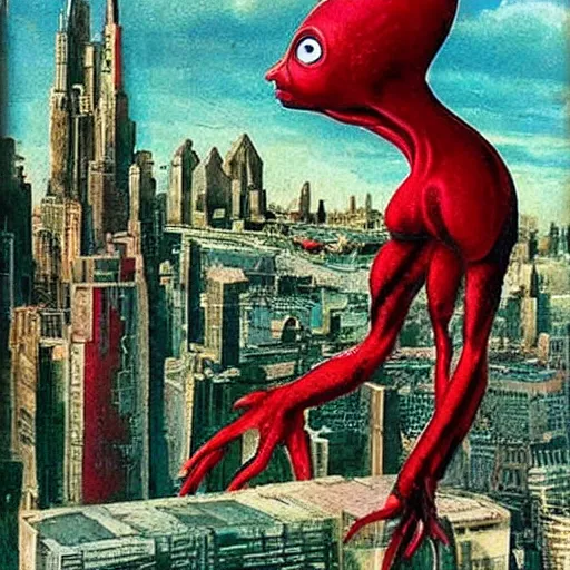 Image similar to A beautiful illustration of a strange, red alien creature looming over a green cityscape. The alien has several eyes and one mouth and its body is covered in scales. It seems to be coming towards the viewer, who is looking up at it in fear. By Max Ernst and Maciej Rebisz