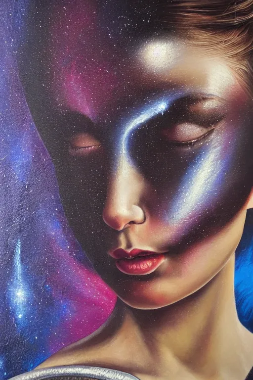 Image similar to hyperrealism oil painting, close - up portrait of medieval fashion model, warrior, steel gradient mixed with nebula sky, in style of baroque mixed with 7 0 s japan book art