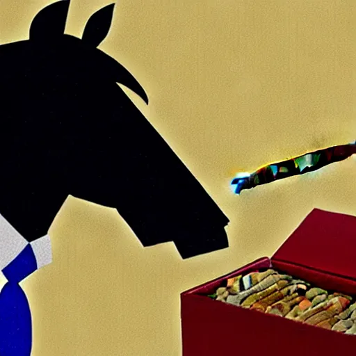 Image similar to an antropomorphic horse wearing a suit smoking a cigar