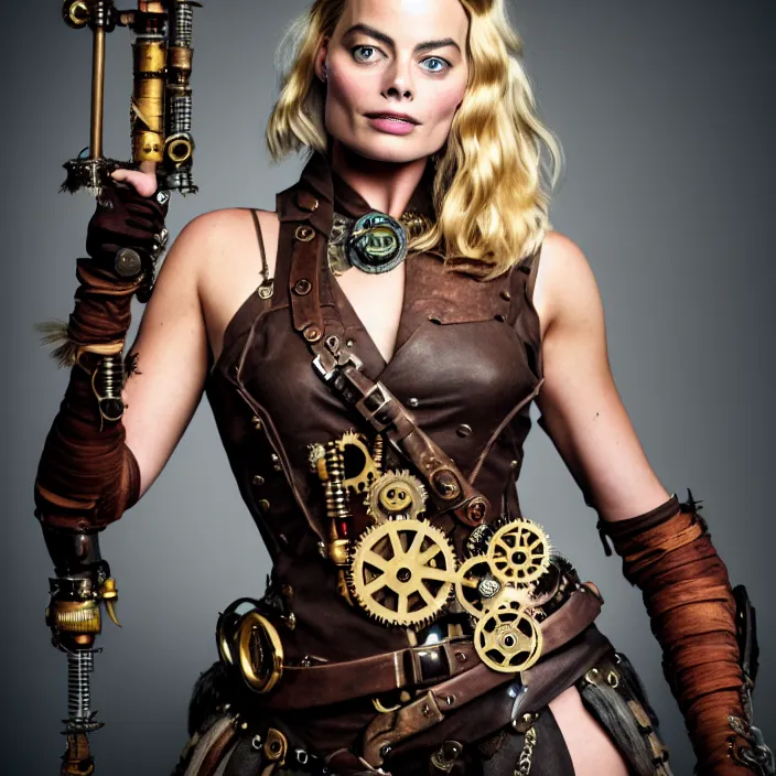 Image similar to full length portrait photograph of a margot robbie as a steampunk warrior. Extremely detailed. 8k
