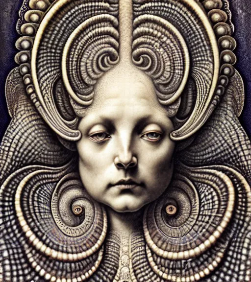 Prompt: detailed realistic beautiful ammonite goddess face portrait by jean delville, gustave dore, iris van herpen and marco mazzoni, art forms of nature by ernst haeckel, art nouveau, symbolist, visionary, gothic, neo - gothic, pre - raphaelite, fractal lace, intricate alien botanicals, biodiversity, surreality, hyperdetailed ultrasharp octane render