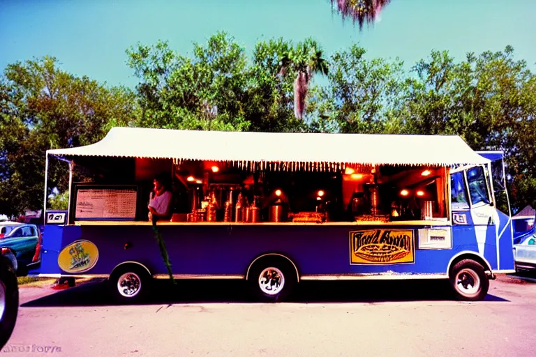 Prompt: Frenchmen Street Food Truck at Swamphead, lots of people, in the style of street photography, susperia 400 film stock