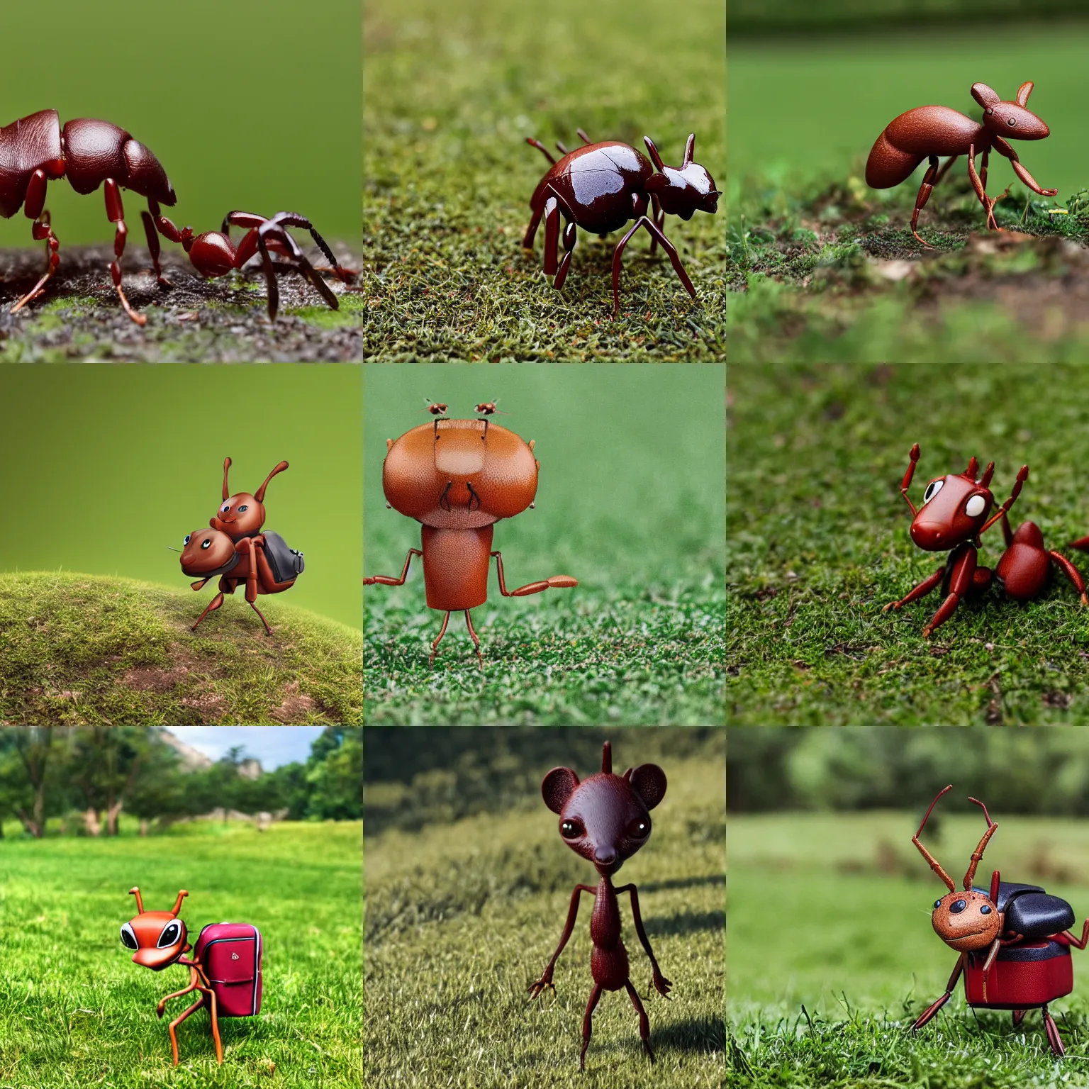 Image similar to an anthropomorphic ant wearing a backpack, walking through a green pasture