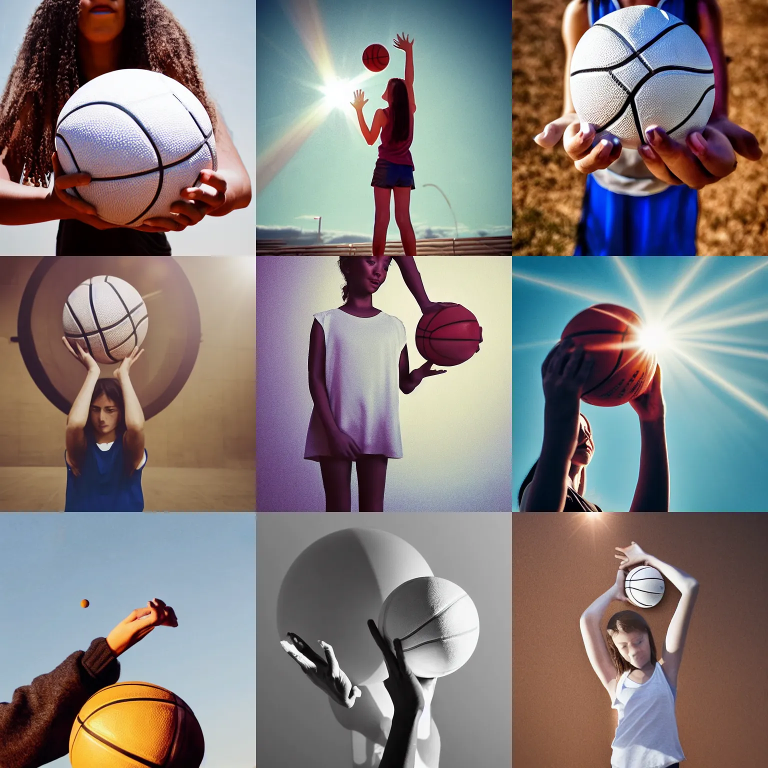 Prompt: a girl holding a basketball in her hands, a marble sculpture by meredith garniss, featured on dribble, process art, rim light, anamorphic lens flare, contest winner