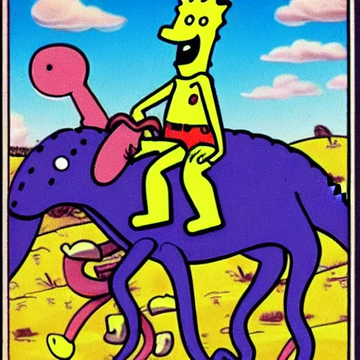 Image similar to spongebob squarepants riding a dinosaur, 7 0 s cartoon