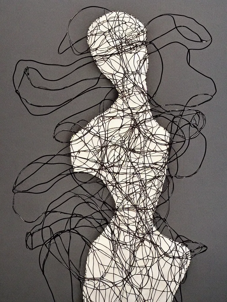 Prompt: original metal wire art about female facial features and body silhouette, dramatic vibe, unique, unusual shapes and curves, influenced by egon schiele