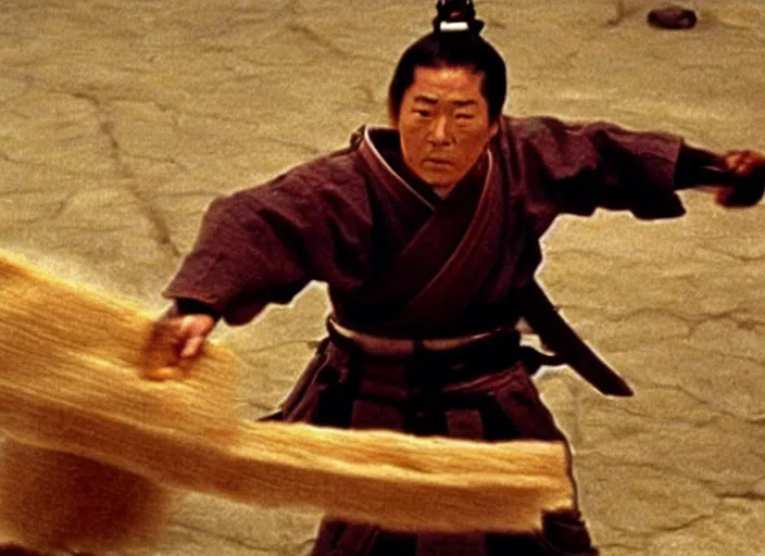 Prompt: a movie still of a samurai slicing through a loaf of bread by Akira Kurosawa