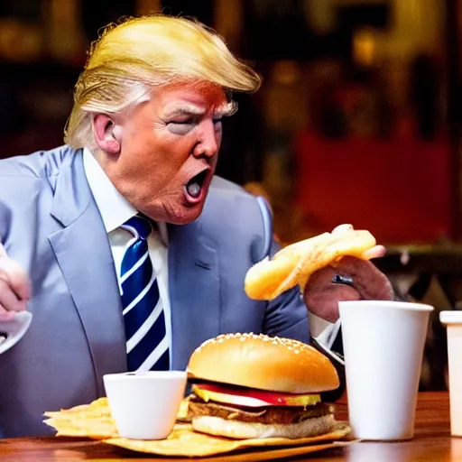 Image similar to donald trump stting at a restaurant table eating a cheeseburger with his mouth wide open, paparazzi photo