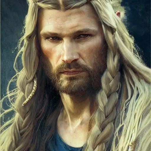 Prompt: handsome Viking king with long, braided blond hair with determined expression, by Greg Rutkowski, Brom, and Alphonse Mucha