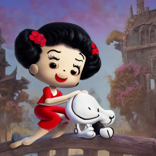 Image similar to betty boop riding snoopy, intricate detail, royo, vallejo, frazetta, giger, whealan, hd, unreal engine,