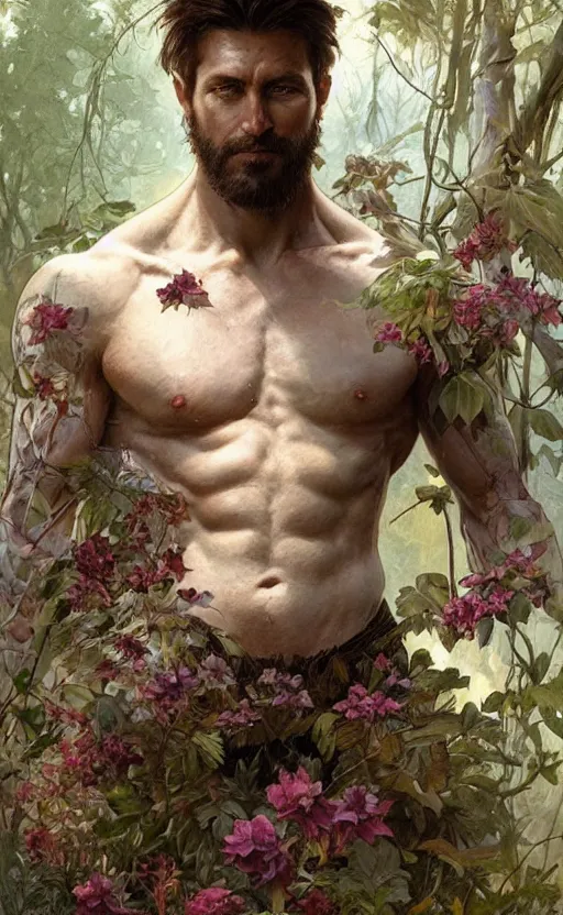 Image similar to god of the forest, 3 0 years old, rugged, male, gorgeous, detailed face, amazing, thighs!!!!!!, flowers, muscular, intricate, highly detailed, digital painting, artstation, concept art, sharp focus, illustration, art by greg rutkowski and alphonse mucha