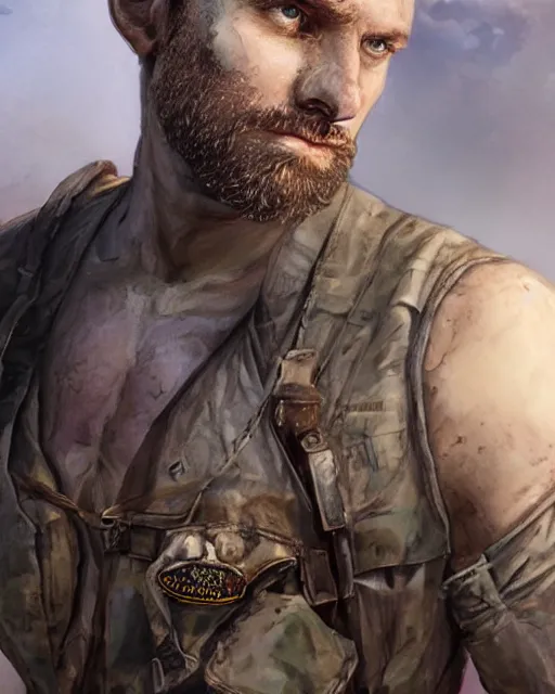 Image similar to portrait of muscular, tired and alcoholic 3 0 - year - old model man with short darkblonde hair, serious sad look in his eyes, dirty beard, blue eyes, crying, wearing dirty soldier uniform, on the desert, hyper realistic face, beautiful eyes, character art, art by mark brooks, hyperdetailed, cryengine, trending on artstation, digital art