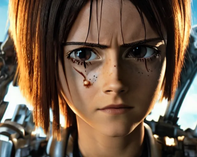 Image similar to a film still from battle angel alita played by actress emma watson, futuristic, cinematic lighting, photorealistic, highly detailed, photorealistic, high resolution