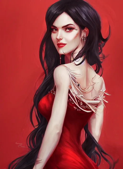 Image similar to a highly detailed illustration of beautiful long black hair white woman wearing a red dress, dramatic smile pose, intricate, elegant, highly detailed, centered, digital painting, artstation, concept art, smooth, sharp focus, league of legends concept art, WLOP