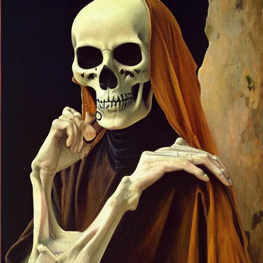 Image similar to the grim reaper, skeleton, oil painting, canvas, paul delaroche, alphonse mucha, arnold böcklin, hyperrealistic 8k, very detailed, portrait