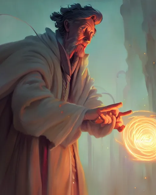 Image similar to highly detailed vfx portrait of an old mage casting a light spell, unreal engine, greg rutkowski, loish, rhads, beeple, makoto shinkai and lois van baarle, ilya kuvshinov, rossdraws, tom bagshaw, alphonse mucha, global illumination, detailed and intricate environment