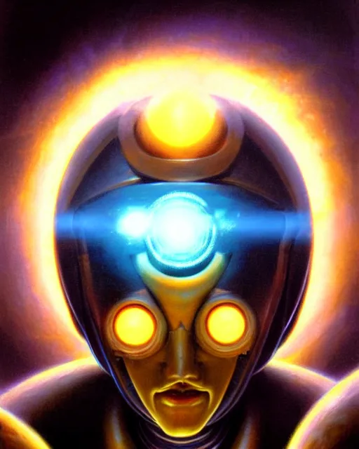 Image similar to zenyatta from overwatch, nine eyes, character portrait, portrait, close up, vintage fantasy art, vintage sci - fi art, radiant light, caustics, by boris vallejo