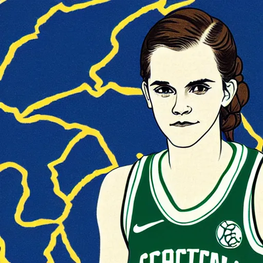 Prompt: portrait of teen emma watson in an nba boston celtics basketball uniform, ukiyo - e art by hokusai, global illumination, radiant light, detailed and intricate environment