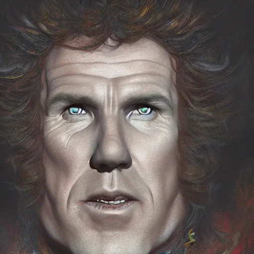 Image similar to Photorealistic will ferrel as the devil in the style of Michael Whelan and Gustave Dore. Hyperdetailed photorealism, 108 megapixels, amazing depth, glowing rich colors, powerful imagery, psychedelic Overtones, 3D finalrender, 3d shading, cinematic lighting, artstation concept art
