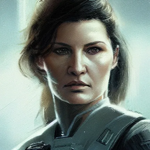 Image similar to portrait of a woman by greg rutkowski, she looks like gina carano, she is about 7 0 years old, impeccable military composure, wearing tactical gear of the galactic alliance, star wars expanded universe, highly detailed portrait, digital painting, artstation, concept art, smooth, sharp foccus ilustration, artstation hq