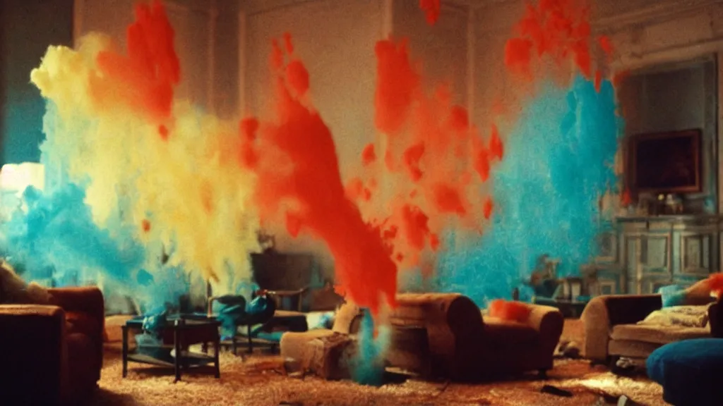 Image similar to colored powder explosion in the living room, film still from the movie directed by Denis Villeneuve with art direction by Salvador Dalí, wide lens