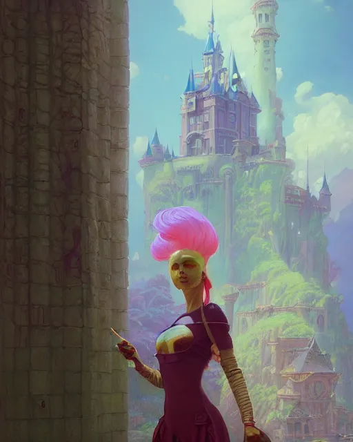 Image similar to highly detailed surreal vfx portrait of a female candypunk mage in a majestic castle by golden tree, stephen bliss, unreal engine, greg rutkowski, loish, rhads, beeple, makoto shinkai and lois van baarle, ilya kuvshinov, rossdraws, tom bagshaw, alphonse mucha, global illumination, detailed and intricate environment