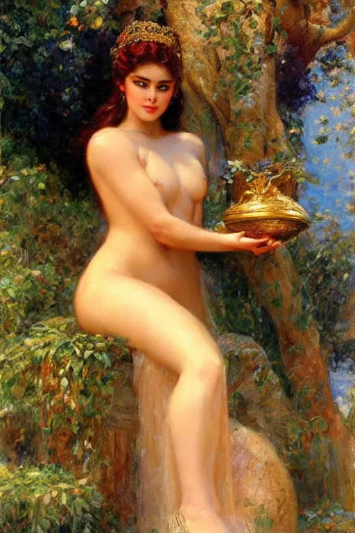 Image similar to hailey steinfeld as the goddess aphrodite. art by gaston bussiere.