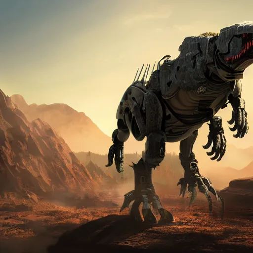 Image similar to an ultrawide photo of a robotic t - rex, horizon forbidden west concept art, highly detailed, 8 k