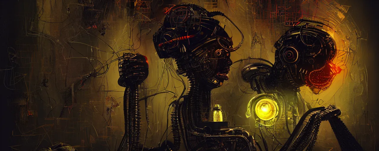 Image similar to dark scifi illustration 3 / 4 portrait of a robot reading necronomicon. cinematic lighting mad scientist style. golden ratio accidental renaissance. in the style of dave mckean and jean michel basquiat. graffiti art, scifi, fantasy, hyper detailed. octane render. concept art. trending on artstation